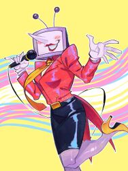1girl absurdres ant_tenna black_skirt blush commentary crt deltarune english_commentary genderswap genderswap_(mtf) gloves high_heels highres holding holding_microphone joints lipstick makeup microphone necktie object_head open_mouth outline pencil_skirt pointy_nose red_lips robot_joints shoes skirt smile solo tailcoat transgender_flag vemmies white_gloves white_outline yellow_background yellow_necktie yellow_shoes