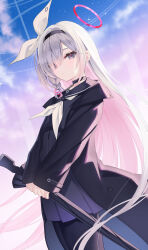 Rule 34 | 1girl, absurdres, black choker, black coat, black hairband, black pantyhose, black sailor collar, black shirt, black skirt, blue archive, blue sky, choker, closed umbrella, cloud, coat, colored inner hair, cowboy shot, eyes visible through hair, gradient sky, grey eyes, hair over one eye, hair ribbon, hairband, halo, highres, holding, holding umbrella, kiriii, long hair, looking at viewer, multicolored hair, pantyhose, parted bangs, pink hair, pink halo, plana (blue archive), pleated skirt, red pupils, ribbon, sailor collar, shirt, sidelocks, skirt, sky, solo, standing, umbrella, very long hair, white hair, white ribbon