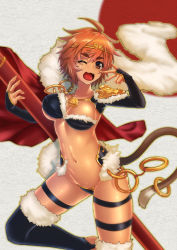1girl ;3 ;d black_thighhighs breasts bridal_gauntlets brown_eyes circlet codpiece eva_(hq8nn1ef) eyebrows female_focus genderswap genderswap_(mtf) gold highres jewelry journey_to_the_west large_breasts monkey_tail navel one_eye_closed open_mouth orange_hair original ring short_hair smile solo strapless sun_wukong tail thigh_strap thighhighs toeless_legwear tube_top v