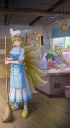 5girls absurdres against_glass alternate_costume anger_vein animal_ears apron bag bag_charm bamboo_broom baseball basket beauty_mask black_hair blonde_hair blue_apron blue_dress blue_eyes blue_hair book bow bowtie box broom cat_ears cat_slippers cat_teaser ceiling_fan charm_(object) chen cirno closed_eyes clover coffee_table commentary_request computer couch cup daiyousei door drawing_(object) dress duster fairy fumo_(doll) green_eyes green_hair green_hat handbag hat highres holding holding_broom hook indoors laptop long_hair looking_inside mob_cap multiple_girls multiple_tails multiple_views on_couch pillow plant potted_plant pout purple_bow purple_bowtie purple_sweater red_bow red_ribbon red_sweater ribbon saigyouji_yuyuko shelf shirt shutter_shades sitting slippers slit_pupils socks sweater sweeping table tail teacup thermos toorooo touhou trash_can white_dress white_shirt white_socks wooden_ceiling wooden_floor yakumo_ran yakumo_yukari yawning yellow_eyes yellow_slippers yin_yang