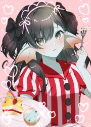 1girl aqua_eyes aqua_skin black_bow black_hair blurry bow colored_skin commentary_request cupcake depth_of_field dessert dragon_quest dragon_quest_x fins fish_girl flying_sweatdrops food fork frown fruit hair_bow head_fins heart highres holding holding_fork holding_plate long_hair looking_at_viewer looking_to_the_side nikon_(user_aznh7528) pink_background plate puffy_short_sleeves puffy_sleeves shirt short_sleeves short_twintails solo sparkle star_(symbol) strawberry striped_clothes striped_shirt sweatdrop twintails upper_body vertical-striped_clothes vertical-striped_shirt waitress weddie_(dq10)