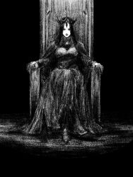 1girl black_background crown dress full_body greyscale highres long_hair looking_at_viewer monochrome original sitting solo straight-on throne tp_p_pt traditional_media