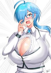 Rule 34 | 1girl, 2025, absurdres, blue eyes, blue hair, blush, breasts, button gap, buttons, cleavage, dated, geki sum, hair over one eye, highres, huge breasts, isemi tina, jacket, long sleeves, looking at viewer, medium hair, open mouth, petals, popped button, rock wa lady no tashinami deshite, school uniform, shirt, signature, simple background, skirt, tomboy, wardrobe malfunction, white background, white jacket, white shirt, white skirt