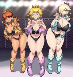 3girls absurdres bikini black_bikini blonde_hair blowing_kiss blue_boots blue_eyes boots breasts brown_hair captain_kirb cleavage cosplay curvy dead_or_alive deanna_mustard hair_over_one_eye half-closed_eye half-closed_eyes hand_on_own_hip hand_on_own_leg hand_on_own_thigh hand_on_thighs heart highres jacket large_breasts laura_faye_smith leaning_forward legs long_hair looking_at_viewer mario_(series) medium_breasts medium_hair midriff multiple_girls navel nintendo open_clothes open_jacket pink_boots pink_lips princess princess_daisy princess_peach puckered_lips rosalina samantha_kelly seductive_gaze swimsuit tank_top thick_thighs thighs thong tina_armstrong tina_armstrong_(cosplay) voice_actor_connection wide_hips yellow_boots