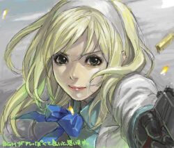 1girl blonde_hair closed_mouth end_of_eternity gloves gun hairband handgun holding holding_gun holding_weapon lips long_hair looking_at_viewer mana30row reanbell shell_casing solo weapon