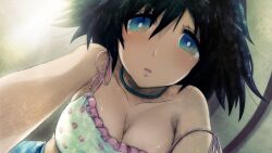 1girl aqua_eyes arm_support bikini black_hair blue_choker blue_eyes blue_hat blue_swim_trunks blurry blurry_background blush bob_cut breasts choker cleavage collar collarbone dutch_angle frilled_bikini frilled_collar frills game_cg hat highres huke large_breasts light_blush looking_at_viewer male_swimwear narrowed_eyes non-web_source official_art open_mouth outstretched_arms pink_bikini pink_frills polka_dot polka_dot_bikini pov ringed_eyes seductive_smile shiina_mayuri shiny_eyes shiny_skin smile solo square_pupils steins;gate steins;gate:_my_darling&#039;s_embrace strap_pull swim_trunks swimsuit tareme tongue yukadon yukadon_on_viewer