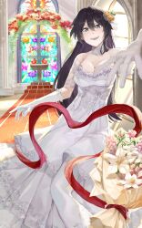 Rule 34 | 1girl, :d, alternate costume, bambietta basterbine, bare shoulders, black hair, bleach, bleach: sennen kessen-hen, blue eyes, bouquet, bouquet toss, breasts, bride, choker, church, cleavage, collarbone, commentary, day, deadman70232800, double-parted bangs, dress, elbow gloves, english commentary, floral print, floral print dress, flower, full body, gloves, hair between eyes, hair flower, hair ornament, happy, heart, heart of string, highres, indoors, large breasts, light blush, long dress, long hair, looking at viewer, no headwear, open mouth, orange flower, orange rose, outstretched hand, print dress, quincy (bleach), red flower, red ribbon, red rose, ribbon, rose, rose print, smile, solo, stained glass, standing, strapless, strapless dress, sun print, sunlight, teeth, v-shaped eyebrows, very long hair, wedding, wedding dress, white choker, white dress, white flower, white gloves, window