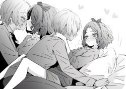 2girls age_difference between_legs blush closed_eyes commentary ebizuka_tomo french_kiss girls_band_cry greyscale hairband heart heavy_breathing kiss long_sleeves lwmina70119 monochrome multiple_girls open_mouth rupa_(girls_band_cry) short_hair short_sleeves shorts sweat sweatdrop yuri