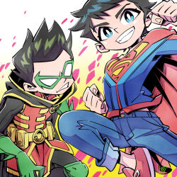 2boys abstract_background batman_(series) belt black_hair blue_eyes blue_pants cape child clenched_hand damian_wayne dc_comics denim eye_mask gloves gradient_background green_gloves hood hood_down hooded_cape jeans jonathan_kent knee_pads looking_at_viewer male_focus multiple_boys pants red_cape red_footwear robin_(dc) signature smile spiked_hair sunafuki_tabito super_sons superboy superhero_costume superman_(series) superman_logo utility_belt