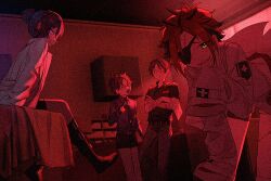 4boys :d aged_down akatsuki_(ensemble_stars!) bandaged_arm bandages belt bent_over black_footwear black_hair boots cabinet ceiling closed_eyes closed_mouth coat collared_shirt cosplay cross crossed_arms curled_horns curtained_hair dark demon_horns denim desk doppelganger dreonya ensemble_stars! examination_table eyepatch fangs frankenstein&#039;s_monster frankenstein&#039;s_monster_(cosplay) glasses glowing glowing_eyes green_eyes green_hair hair_between_eyes halloween_costume hand_on_own_leg hand_up hasumi_keito horns indoors infirmary jeans kanzaki_souma kiryu_kuro knee_boots looking_at_viewer male_focus medical_scrubs multicolored_hair multiple_boys necktie official_alternate_costume open_mouth pants parted_bangs ponytail profile purple_eyes purple_hair raised_eyebrow raised_eyebrows red_hair red_light shirt shoe_belt short_ponytail short_sleeves shorts sidelocks sitting sleeves_past_fingers sleeves_past_wrists smile spiked_hair stitched_face stitched_leg stitches streaked_hair v-shaped_eyebrows white_coat window_blinds wing_collar