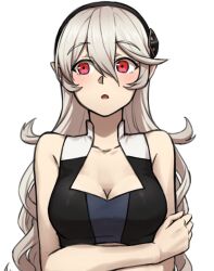 Rule 34 | 1girl, :o, arms under breasts, bare shoulders, black hairband, breasts, cleavage, female corrin (fire emblem), crossed arms, dress, facing viewer, fire emblem, fire emblem fates, fire emblem warriors, grey hair, hair between eyes, hairband, highres, long hair, looking to the side, medium breasts, nintendo, official alternate costume, open mouth, pointy ears, red eyes, sleeveless, sleeveless dress, solo, sports bra, upper body, white background, zuzu (ywpd8853)