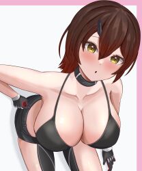 1girl :o absurdres armanditto bare_shoulders bikini black_bikini black_choker black_gloves black_shorts blush breasts brown_hair choker cleavage collarbone cowboy_shot gloves gradient_hair hair_between_eyes hand_on_own_hip highres hololive large_breasts leaning_forward looking_at_viewer mechanical_legs multicolored_hair red_hair roboco-san short_hair short_shorts shorts swimsuit thighs virtual_youtuber white_background yellow_eyes
