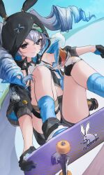 1girl animal_hood arin_(1010_ssu) barcode barcode_tattoo black_gloves black_jacket black_shorts blue_socks bronya_zaychik bronya_zaychik_(haxxor_bunny) closed_mouth drill_hair gloves grey_eyes grey_hair highres honkai_(series) honkai_impact_3rd hood jacket shorts skateboard skateboarding smile socks solo tattoo twin_drills