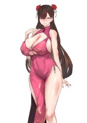 1girl absurdres blush breasts brown_hair china_dress chinese_clothes covered_erect_nipples dress feet_out_of_frame flower grin hair_flower hair_ornament hand_up highres huge_breasts long_hair looking_at_viewer mole mole_under_eye mousekkk no_panties pink_dress qionghua_(xiuxian:_mu_zhu_chuan) red_eyes red_lips shrug_(clothing) smile solo standing very_long_hair white_background xiuxian:_mu_zhu_chuan