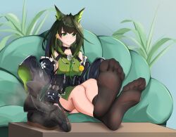 1girl absurdres arknights black_hair black_socks boots cyrilliar feet foot_focus green_eyes highres long_hair looking_at_viewer mon3tr_(arknights) multicolored_hair see-through_clothes see-through_legwear shoes smell smile socks soles steam streaked_hair toes unworn_boots unworn_shoes
