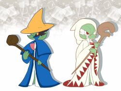 Rule 34 | 2girls, alternate costume, black mage (final fantasy), black mage (final fantasy) (cosplay), black skin, blank eyes, blue capelet, blue cloak, bob cut, capelet, cloak, colored skin, cosplay, creatures (company), drop shadow, female focus, final fantasy, flat chest, game freak, gardevoir, gen 3 pokemon, gradient background, green hair, green skin, hair over one eye, hand up, hands up, hat, holding, holding staff, hood, hood up, hooded cloak, long sleeves, monya, multicolored skin, multiple girls, nintendo, no mouth, one eye covered, orange eyes, orange headwear, pokemon, pokemon (creature), red eyes, short hair, staff, two-tone skin, white background, white cloak, white mage (final fantasy), white mage (final fantasy) (cosplay), white skin, wide sleeves, witch hat