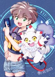 1boy absurdres amanokawa_hiro black_jacket blue_background blue_shorts brown_hair card commentary_request cosplay cowboy_shot cropped_jacket digimon digimon_alysion digimon_card_game digimon_ghost_game gammamon gemmon gemmon_(cosplay) green_eyes highres holding holding_card hondo_kanata hondo_kanata_(cosplay) jacket midriff navel orange_jacket short_hair short_shorts shorts simple_background trading_card triceratops tsukaima_(vfcou)
