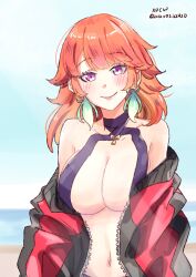 1girl absurdres blush borrowed_clothes breasts closed_mouth earrings feather_earrings feathers gradient_hair green_highlights highres hololive hololive_english jacket jewelry large_breasts long_hair long_sleeves looking_at_viewer multicolored_hair multicolored_jacket one-piece_swimsuit orange_hair oversized_clothes purple_eyes simple_background smile solo swimsuit takanashi_kiara two-tone_jacket virtual_youtuber xu_chin-wen