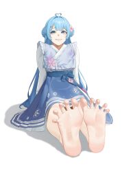 1girl ahoge arahashi_tabi barefoot blue_bow blue_eyes blue_hair blue_ribbon bow braid commentary_request eyelashes feet floral_print flower foot_focus foreshortening full_body hair_flower hair_intakes hair_ornament hairclip heart heart_ahoge highres jueun2817 korean_clothes korean_commentary long_sleeves looking_at_viewer on_ground pink_flower ribbon sash simple_background sitting smile soles solo spread_legs stellive teeth toes virtual_youtuber white_background