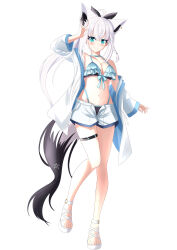 Rule 34 | 1girl, absurdres, ahoge, animal ear fluff, animal ears, ayana haku, bikini, black bow, blue bikini, blue eyes, blush, bow, braid, breasts, commentary, earrings, extra ears, fox ears, fox girl, fox shadow puppet, fox tail, frilled bikini top, hair between eyes, hair bow, highres, hololive, jacket, jacket over swimsuit, jewelry, layered bikini, leg up, long hair, looking at viewer, medium breasts, navel, pentagram, ponytail, sandals, shirakami fubuki, shorts, sidelocks, simple background, single braid, smile, solo, swimsuit, tail, thigh strap, virtual youtuber, white background, white hair, white jacket, white sandals, white shorts