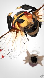 animal_focus blurry blurry_background broken bug claws closed_mouth ecdysis flying gen_3_pokemon highres insect_wings ninjask nintendo no_humans pokemon pokemon_(creature) red_eyes shedding shedinja solo upside-down watermark white_background wings yunimaru