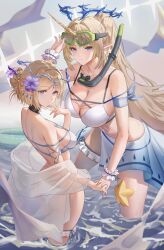 1girl 2girls absurdres bare_shoulders bikini blonde_hair blue_eyes breasts cartethyia_(wuthering_waves) closed_mouth commentary commentary_request cowboy_shot crown_of_thorns dual_persona earrings fleurdelys_(wuthering_waves) from_behind hair_bun hair_ornament highres hodangdang_ok jewelry large_breasts looking_at_viewer multiple_girls parted_bangs pointy_ears short_hair shoulder_blades simple_background single_hair_bun smile solo swimsuit swimsuit_cover-up tacet_mark_(wuthering_waves) white_background white_bikini wuthering_waves