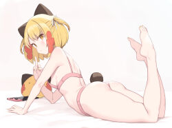 1girl absurdres arched_back ass bare_arms bare_legs bare_shoulders barefoot blonde_girl_(cloba) blonde_hair bra breasts brown_eyes cloba closed_mouth commentary_request feet from_side full_body grey_background hair_ribbon handheld_game_console highres legs light_frown looking_at_viewer middle_finger original panties pink_bra pink_panties ribbon simple_background small_breasts solo tail toenails toes two_side_up underwear underwear_only white_ribbon