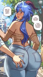 1girl 2025 absurdres ahoge alternate_costume artist_name ass ass_focus backboob beige_sweater blue_hair blurry blurry_background blush breasts car cleavage collarbone cowboy_shot curvy day denim embarrassed ganyu_(genshin_impact) genshin_impact grabbing_another&#039;s_ass groping half-closed_eyes highres horns huge_ass huge_filesize jeans jerkdibuja large_breasts long_hair long_sleeves looking_back midriff motor_vehicle off_shoulder open_mouth outdoors pants parted_lips plunging_neckline purple_eyes road shadow solo_focus spanish_commentary spanish_text sparkle speech_bubble thick_thighs thighs variant_set