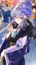 Rule 34 | 1girl, absurdres, blue archive, blurry, blurry background, blush, bocchi (kuropom7), braid, brown eyes, commentary request, flower, fur-trimmed kimono, fur trim, grin, hair flower, hair ornament, halo, haruna (blue archive), haruna (new year) (blue archive), highres, japanese clothes, kimono, long hair, looking at viewer, obi, official alternate costume, outdoors, piercing, print kimono, purple hair, purple kimono, red halo, revision, sash, single wing, smile, standing, wing piercing, wings