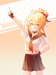 1girl :d absurdres arm_up black_choker black_gloves blonde_hair blush choker closed_eyes fingerless_gloves genshin_impact gloves hair_between_eyes hair_ornament halftone halftone_background hand_on_own_hip highres index_finger_raised long_hair mibai_yume navel open_mouth pleated_skirt pointing pointing_up polka_dot polka_dot_background sailor_collar school_uniform short_sleeves skirt smile solo yoimiya_(genshin_impact)