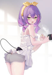 1girl :d absurdres alternate_costume argule0901 ass bare_arms bow_hairband camisole clothing_cutout colored_inner_hair commentary_request cup demon_girl demon_tail double-parted_bangs earrings fang frilled_camisole frills gradient_hair green_eyes hair_between_eyes hair_ornament hairband hairclip highres holding holding_cup hololive jewelry looking_at_viewer loungewear low_twintails multicolored_hair nail_polish open_mouth piercing pink_hair pointy_ears purple_hair short_shorts shorts skin_fang smile solo spiked_ear_piercing strap_slip tail tail_ornament tail_piercing tail_through_clothes tokoyami_towa twintails virtual_youtuber white_camisole