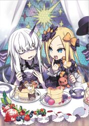 2girls abigail_williams_(fate) black_bow black_dress black_hat blonde_hair blue_eyes blush bow breasts cup dress fate/grand_order fate_(series) food forehead fork fruit hair_bow hat horns lavinia_whateley_(fate) long_hair long_sleeves looking_at_another multiple_girls negi_(ulog&#039;be) open_mouth orange_bow pancake parted_bangs plate purple_eyes ribbed_dress single_horn small_breasts smile strawberry table teacup unworn_hat unworn_headwear white_hair wide-eyed