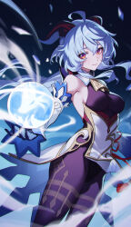 1girl absurdres ahoge bare_shoulders bell black_gloves blue_hair bodystocking breasts detached_sleeves ganyu_(genshin_impact) genshin_impact gloves goat_horns hair_between_eyes highres horns long_hair looking_at_viewer medium_breasts neck_bell pantyhose shali sidelocks smile solo