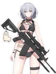 1girl absurdres bad_id bad_pixiv_id bikini black_bra black_panties blush bra breasts drum_magazine extended_barrel female_focus girls&#039;_frontline grey_eyes gun highres light_machine_gun looking_at_viewer machine_gun magazine_(weapon) medium_breasts panties rpk rpk-16 rpk-16_(girls&#039;_frontline) rynn_(rynn_cube) short_hair silver_hair smile solo suppressor swimsuit underwear weapon white_background