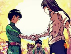 1girl 3boys bad_id bad_twitter_id bandages bowl_cut brown_hair chinese_clothes clapping crying double_bun handshake headband hyuuga_neji looking_at_another might_guy multiple_boys naruto naruto_(series) open_mouth rock_lee tenten_(naruto) thick_eyebrows