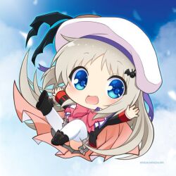 1girl artist_name bat_hair_ornament beret black_boots black_jacket blue_eyes blue_sky boots bow bowtie chibi chibi_only cloud cloudy_sky coat falling fang full_body grey_hair grey_skirt hair_ornament hat ikeda_jun_(aquaqua) jacket leg_up little_busters! long_hair long_sleeves looking_at_viewer no_nose noumi_kudryavka open_mouth orange_coat outstretched_arms pink_bow pink_bowtie plaid_clothes plaid_skirt sidelocks skirt sky smile solo thighhighs very_long_hair white_hat white_thighhighs