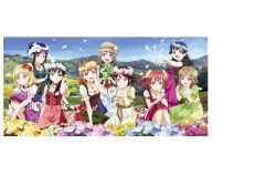 6+girls :d aqua_eyes artbook black_hair blonde_hair blue_eyes blue_hair bow braid brown_hair crown_braid day dress field flower flower_field green_dress grey_hair hair_bun hair_flower hair_ornament hat head_wreath highres jewelry kunikida_hanamaru kurosawa_dia kurosawa_ruby long_hair looking_at_viewer love_live! love_live!_sunshine!! matsuura_kanan mole mole_under_mouth mountain multiple_girls non-web_source official_art ohara_mari open_mouth orange_hair outdoors petals purple_dress purple_eyes purple_hair red_dress red_eyes red_hair ribbon sakurauchi_riko short_hair short_sleeves single_hair_bun sitting skirt sky smile takami_chika tsushima_yoshiko twintails two_side_up watanabe_you white_flower yellow_dress yellow_eyes