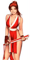 1girl arm_guards bare_shoulders blush breasts brown_eyes brown_hair capcom_vs_snk cleavage fatal_fury game_cg grin hand_fan high_ponytail highres holding holding_fan japanese_clothes large_breasts long_hair mori_toshiaki motoyui ninja non-web_source official_art parted_lips ponytail realistic revealing_clothes rope shiranui_mai sleeveless smile solo standing teeth upper_body wrist_guards