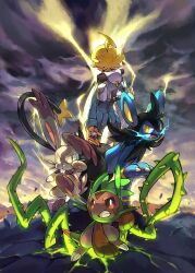 Rule 34 | 1boy, backpack, bag, blonde hair, blue jumpsuit, brad (16325), bunnelby, chespin, clemont (pokemon), debris, electricity, electrokinesis, facing away, fangs, gen 4 pokemon, gen 6 pokemon, jumpsuit, lightning, luxio, male focus, nintendo, open mouth, outdoors, plant, poke ball, pokemon, pokemon (creature), pokemon xy, round eyewear, storm, thorns, vines, yellow eyes