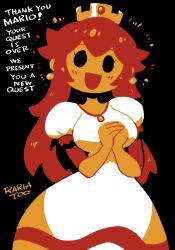 artist_name black_background black_eyes blush commentary crown dress earrings elbow_gloves english_commentary english_text gloves glowing gold_crown highres jewelry long_hair mario_(series) nintendo official_alternate_color open_mouth own_hands_together princess_peach princess_toadstool_redraw_(meme) rariatto_(ganguri) shadow sphere_earrings super_mario_bros._1 white_dress yellow_gloves