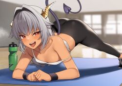 1girl absurdres ass black_footwear blush bottle breasts cleavage collarbone commission dark-skinned_female dark_skin demon_girl demon_tail enjo_kouhai grey_hair hair_intakes heart highres horns indoors leggings long_hair looking_at_viewer motion_lines off_shoulder open_mouth pants red_eyes second-party_source shirt shoes skeb_commission small_breasts sneakers speech_bubble strap_slip sweatband tail takunomi tank_top textless_version tight_clothes tight_pants tongue tongue_out top-down_bottom-up ursula_(takunomi) v-shaped_eyebrows white_shirt