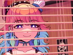 1girl aqua_hair window_blinds closed_mouth collarbone earrings half-closed_eyes hololive hololive_english jewelry long_hair meme orange_hair purple_eyes smile solo takanashi_kiara the_office upper_body virtual_youtuber zetxune