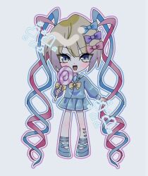 1girl :d blonde_hair blue_eyes blue_hair blue_serafuku bow candy chest_bow chibi chibi_only chouzetsusaikawa_tenshi-chan colored_tips food full_body gradient_outline hair_bow heart holding holding_candy holding_food holding_lollipop lollipop looking_at_viewer multicolored_hair multiple_hair_bows needy_girl_overdose open_mouth outstretched_arm pink_hair platform_shoes quad_tails reno_(re_leno) school_uniform serafuku smile