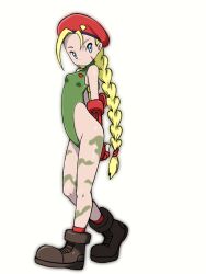 1girl arms_behind_back bare_shoulders beeru_(veil8801) beret blonde_hair blue_eyes bodypaint boots braid breasts brown_boots cammy_white facial_scar fingerless_gloves full_body gloves green_leotard hat highleg highleg_leotard highres leotard long_hair red_gloves red_hat red_socks scar scar_on_cheek scar_on_face simple_background small_breasts socks solo street_fighter twin_braids very_long_hair white_background