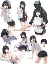 Rule 34 | 1boy, 1girl, absurdres, animal, backpack, bag, black cat, black hair, black nails, black necktie, black shorts, black skirt, breasts, brown eyes, cat, cellphone, collared shirt, dolphin shorts, facial mark, highres, holding, holding animal, holding cat, holding hands, large breasts, mac star, medium hair, multiple views, navel, necktie, original, panties, phone, shirt, shorts, skirt, smartphone, star (symbol), star facial mark, topless female, underwear, white panties, white shirt, yellow panties