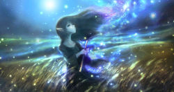 00 blurry collarbone dark dress elf fairy fantasy field flute full_moon highres instrument light_particles long_hair looking_at_another looking_up magic moon night original pointy_ears scenery silhouette solo wheat wind