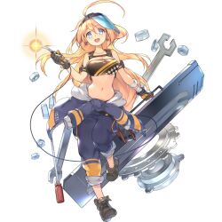 1girl ahoge ankle_boots aqua_eyes arm_strap arm_wrap artist_request black_boots black_gloves blonde_hair blue_jumpsuit boots collarbone diamond_(shape) diamond_print earrings fangs final_gear full_body gloves highres holding horizontal-striped_jumpsuit jewelry jumpsuit karan_(final_gear) lace-up_boots long_hair midriff navel nut_(hardware) official_art open_mouth screwdriver simple_background solo tachi-e teeth third-party_source tied_jumpsuit tongue torn_clothes transparent_background two-tone_gloves two-tone_jumpsuit upper_teeth_only very_long_hair visor_cap wrench