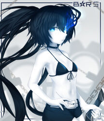 Rule 34 | 1girl, belt, bikini, bikini top only, black choker, black hair, black rock shooter, black rock shooter (character), black shorts, blue eyes, chain, choker, flaming eye, glowing, glowing eye, highres, long hair, no shirt, pale skin, scar, shorts, solo, swimsuit, sword, tokyo (1421), twintails, uneven twintails, weapon