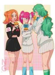 3girls arrancar artist_name bleach bleach:_sennen_kessen-hen border breasts brown_eyes closed_eyes crossed_arms dokugamine_riruka eyepatch green_hair hair_ribbon happy highres holding holding_stuffed_toy inoue_orihime jacket knee_socks light_blush long_hair multiple_girls nelliel_tu_odelschwanck official_alternate_costume official_alternate_hairstyle open_mouth orange_hair purple_eyes purple_hair ribbon school_uniform skirt stuffed_toy watermark white_border yanono_015