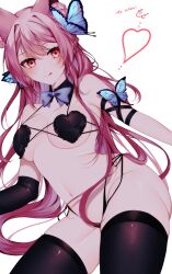 1girl animal_ears bikini black_bikini black_thighhighs bow bowtie breasts bug butterfly heart_bikini highres hk45_x indie_virtual_youtuber inksie_(vtuber) insect large_breasts licking_lips long_hair pink_hair purple_bow purple_bowtie red_eyes simple_background solo swimsuit thighhighs tongue tongue_out virtual_youtuber white_background